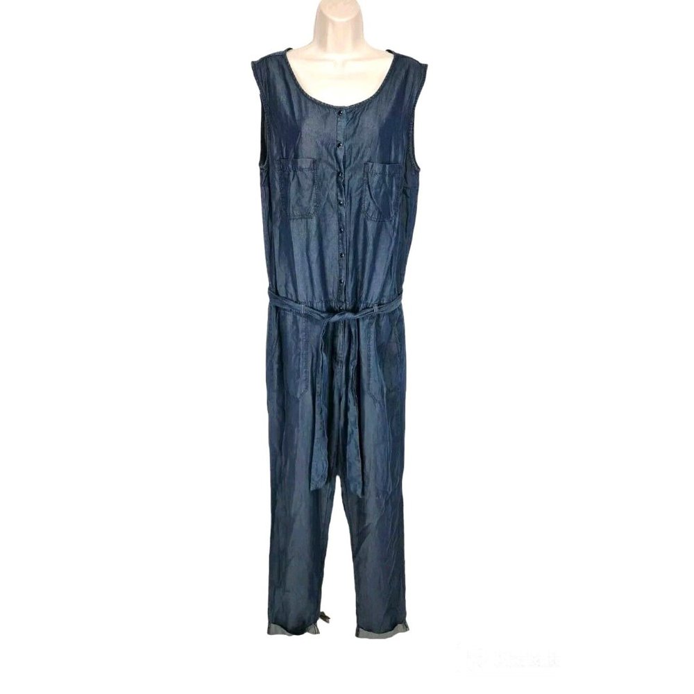 MORGAN CITY Womens Long Romper Jumpsuit Size L Blue Chambray 1/4 Button Up 168P
